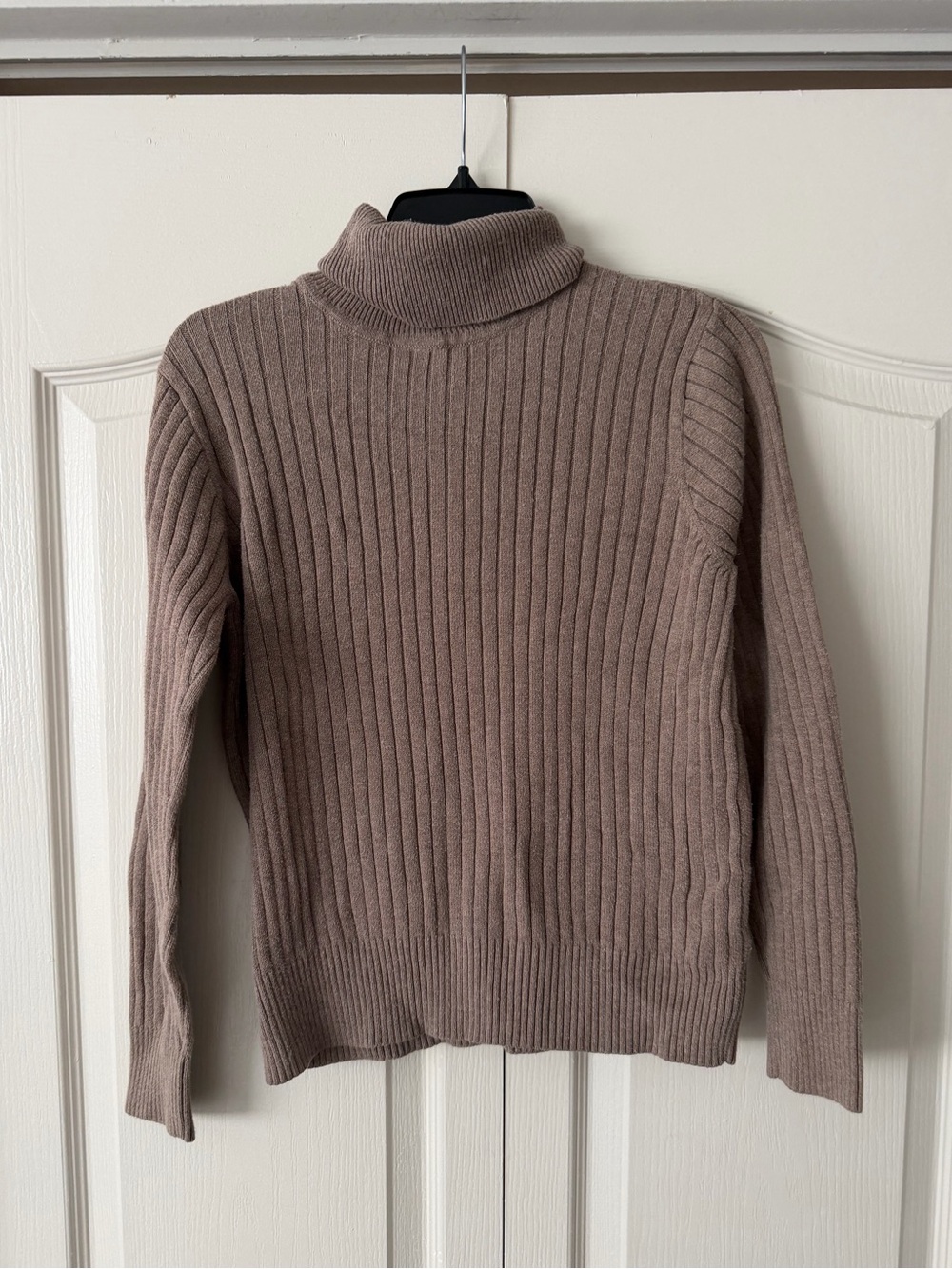 JEANNE PIERRE Ribbed Turtleneck Sweater in Taupe-Brown 100% cotton
